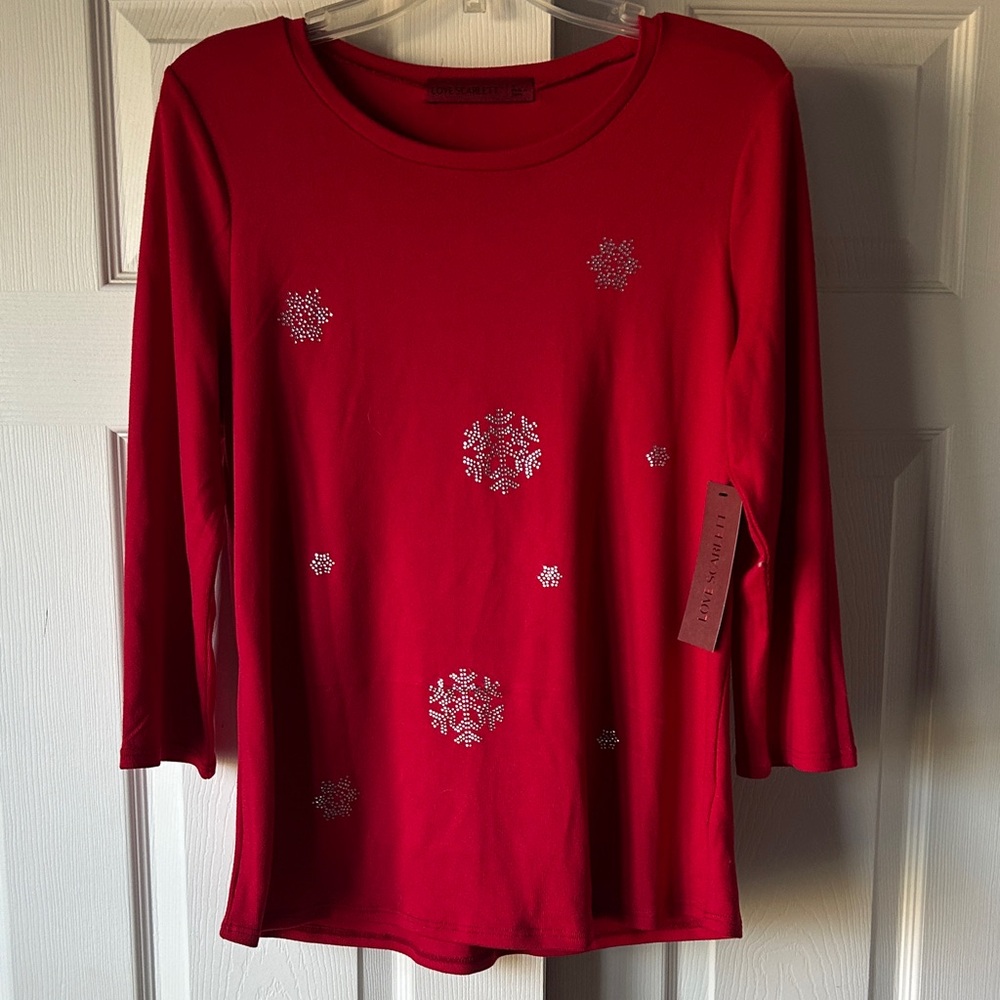 Red Snowflake Embellished Women's Top